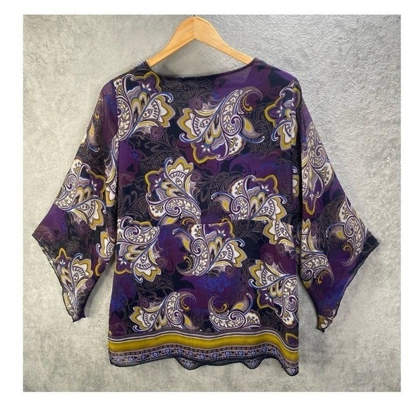 Fairy Grunge Purple Paisley Faux Wrap Boho Tunic Bell Sleeve Top Size 14/16 Y2k - Picture 3 of 9